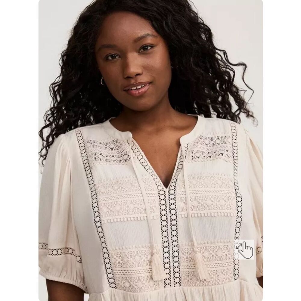 NWT torrid Cream Lace-Trim Boho Crinkle Gauze Peplum Blouse - Size 1 - Picture 5 of 13